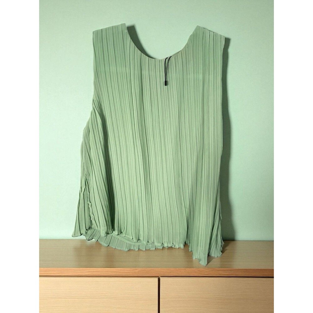 Zara Blouse Medium Pleated Top Sleeveless Blouse Green Women's